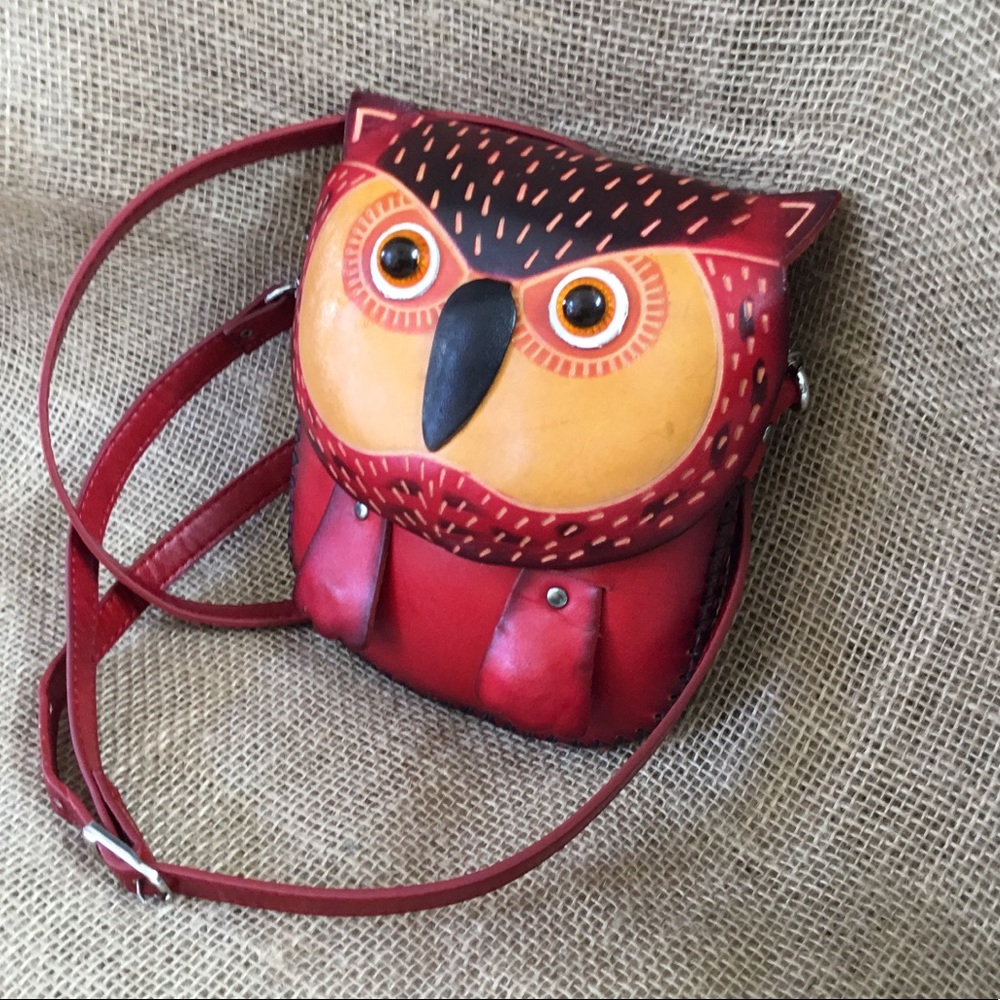 Leather Handmade Owl Cross-Body Small Purse